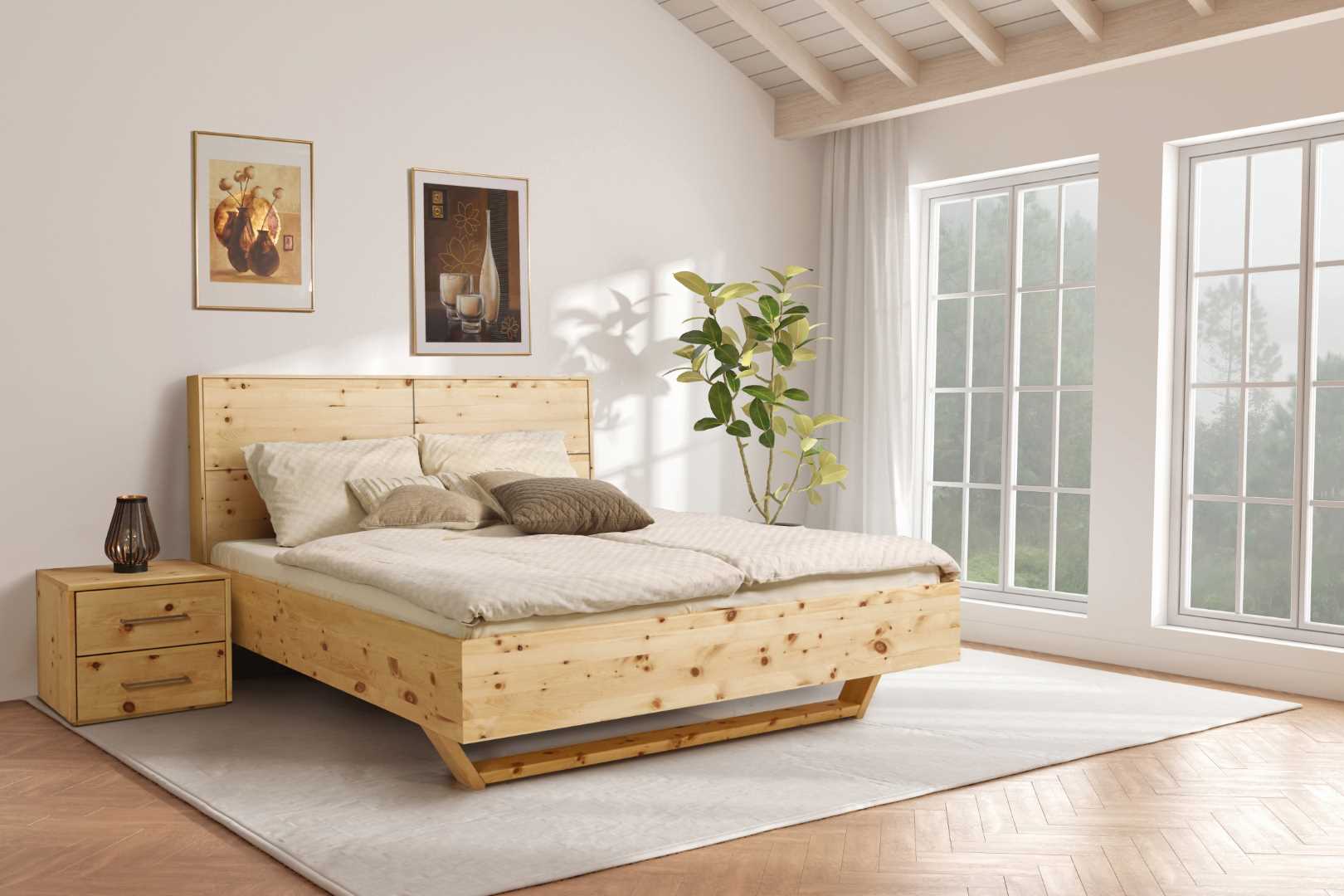 3D rendering of bedroom with wooden floor and sun light cast shadow on the white bed. Windows and nature background.