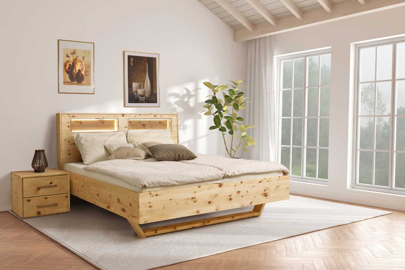 3D rendering of bedroom with wooden floor and sun light cast shadow on the white bed. Windows and nature background.