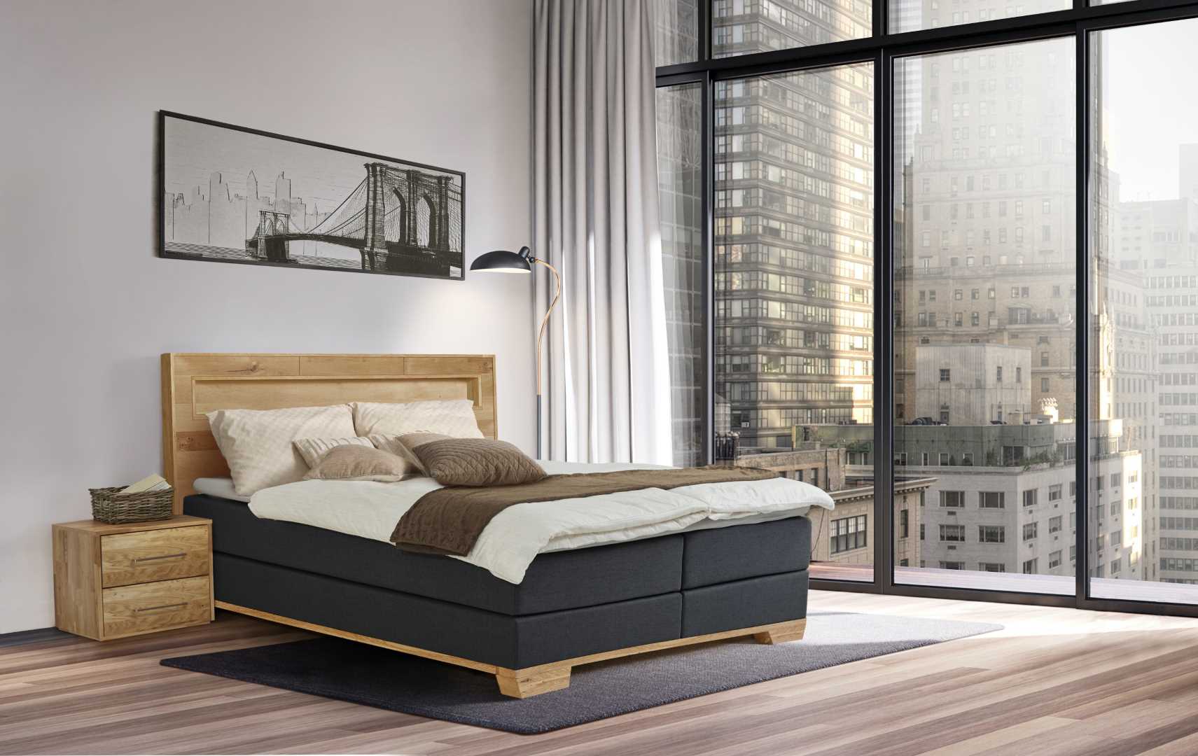 Modern bedroom with tropical style garden view 3d render,The Rooms have wooden floors ,decorate with gray fabric bed,There are large sliding doors, Overlooks wooden terrace and green garden.