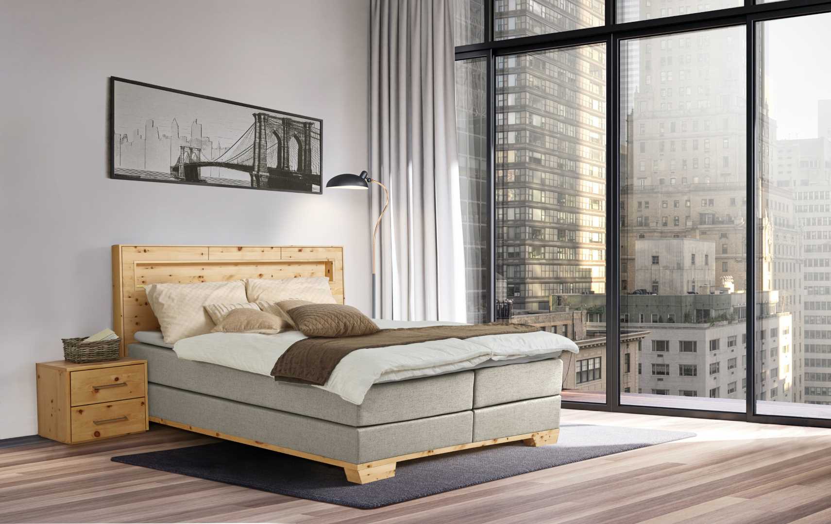 Modern bedroom with tropical style garden view 3d render,The Rooms have wooden floors ,decorate with gray fabric bed,There are large sliding doors, Overlooks wooden terrace and green garden.