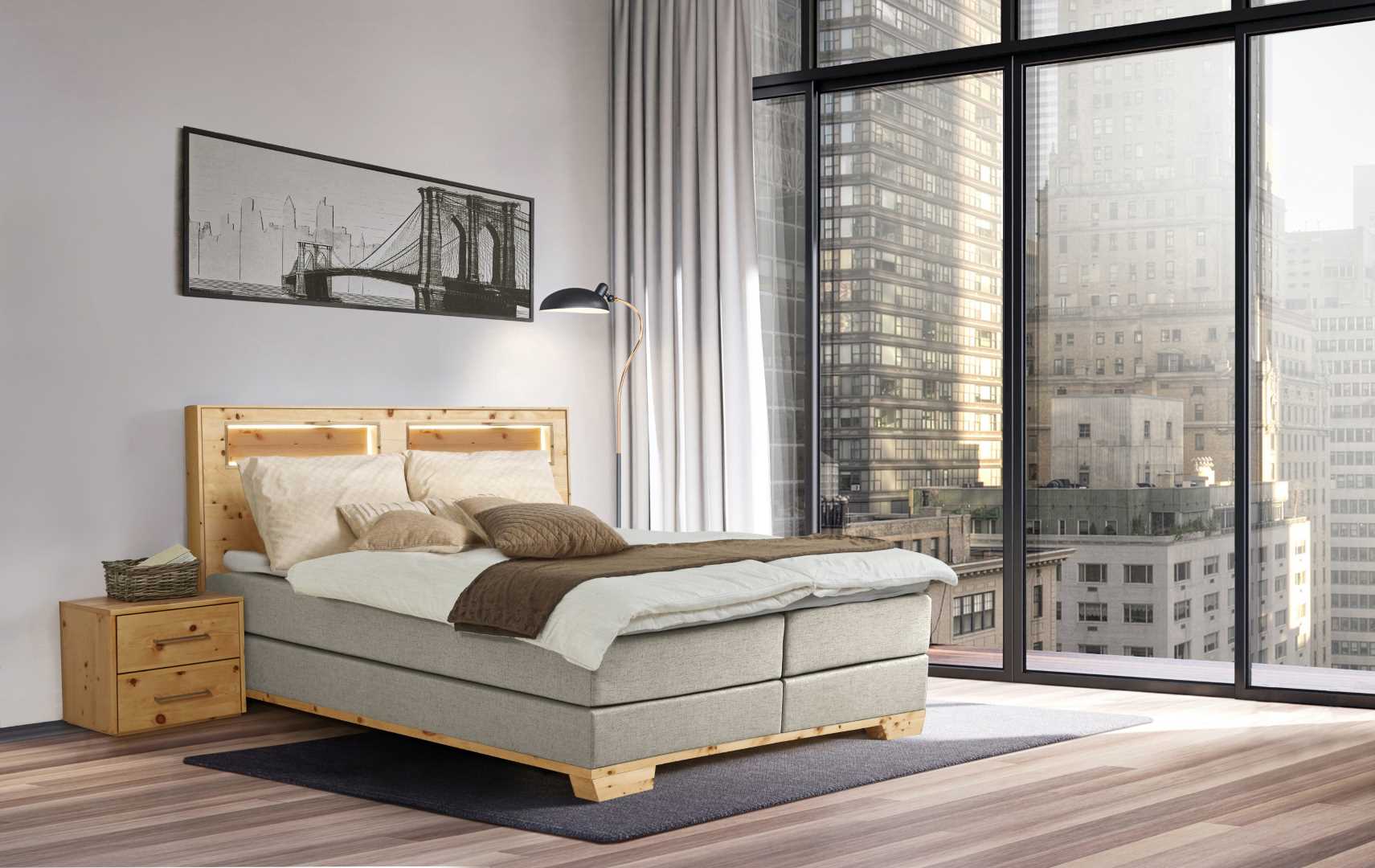 Modern bedroom with tropical style garden view 3d render,The Rooms have wooden floors ,decorate with gray fabric bed,There are large sliding doors, Overlooks wooden terrace and green garden.